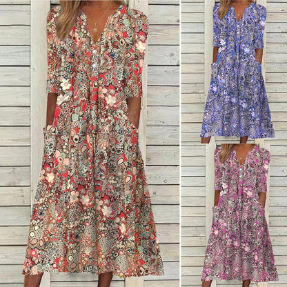 Vestido casual estampado con cuello en V y bolsillos abiertos - España