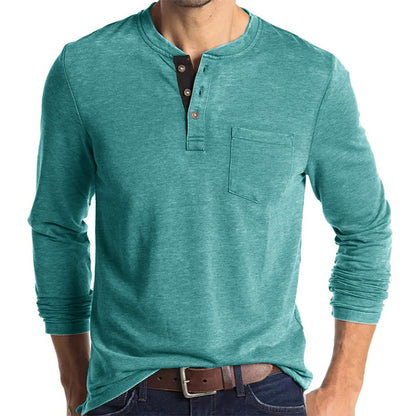 Mens Casual Round Neck Buttons Shirt Tops Soild Color Long Sleeves Slim Fit Tee
