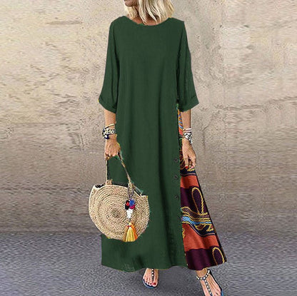Colarinho redondo floral de outono com botões de bloqueio de cor e vestido de mangas patchwork. Solto e confortável, com cores de retalhos para um ar de elegância e generosidade. Disponível em 12 cores à escolha.