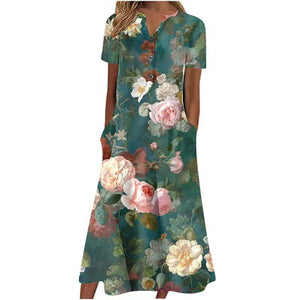 【S-3XL】Cuello en V Botón Manga Corta Suelta Dobladillo Vestido Impreso
